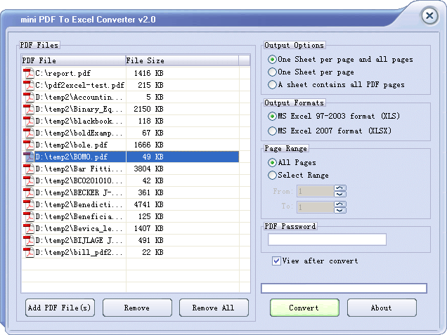 mini PDF to XLS Converter, Convert PDF files to XLS files